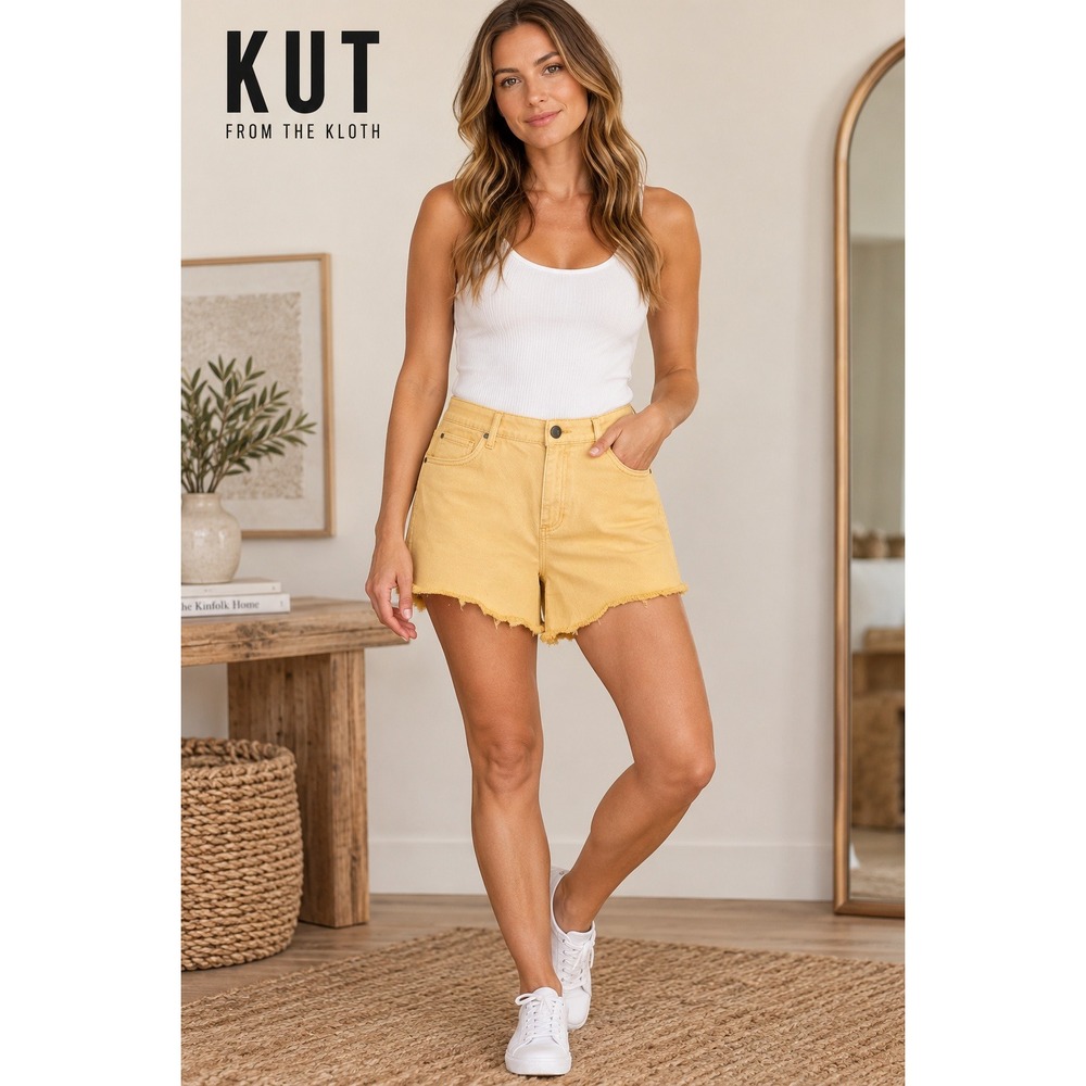 KUT from the Kloth Jane High Rise Shorts Golden Yellow Frayed Hem Denim Size 18